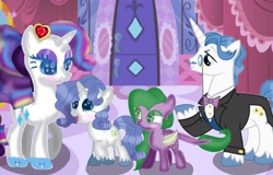 Size: 1280x818 | Tagged: safe, artist:amoresparkle, imported from derpibooru, fancypants, rarity, oc, oc:crystal crown, oc:gem shine, dracony, dragon, hybrid, pony, unicorn, base used, carousel boutique, family, female, filly, half-siblings, interspecies offspring, male, offspring, parent:fancypants, parent:rarity, parent:spike, parents:raripants, parents:sparity, rainbow power, raripants, shipping, stallion, straight