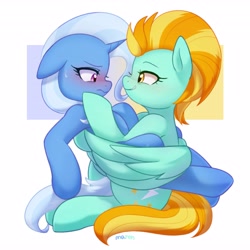 Size: 4094x4096 | Tagged: safe, artist:maren, imported from derpibooru, lightning dust, trixie, pegasus, unicorn, blushing, commission, crack shipping, cute, female, horn, lesbian, looking at each other, shipping, trixiedust, wings