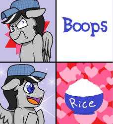 Size: 501x549 | Tagged: safe, artist:gblacksnow, artist:rice, imported from derpibooru, oc, oc only, oc:chopsticks, pegasus, angry, boop, floppy ears, food, hat, hotline bling, male, meme, open mouth, rice, solo, text