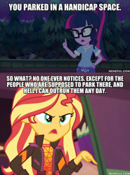 Size: 600x813 | Tagged: safe, edit, edited screencap, imported from derpibooru, screencap, sci-twi, sunset shimmer, twilight sparkle, equestria girls, equestria girls series, sunset's backstage pass!, spoiler:eqg series (season 2), caption, clothes, duckman, image macro, memeful.com, music festival outfit, pajamas, text