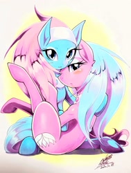 Size: 1547x2048 | Tagged: safe, artist:025aki, imported from derpibooru, aloe, lotus blossom, earth pony, pony, blushing, female, looking at you, mare, spa twins, traditional art