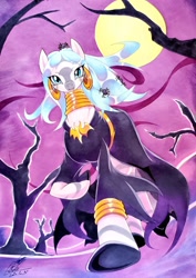 Size: 1452x2048 | Tagged: safe, artist:025aki, imported from derpibooru, zecora, pony, spider, zebra, clothes, costume, full moon, low angle, moon, night, nightmare night, solo, traditional art