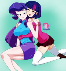 Size: 4109x4429 | Tagged: safe, artist:danmakuman, imported from derpibooru, rarity, twilight sparkle, human, alternate hairstyle, anime, blushing, breasts, busty rarity, clothes, eyes closed, female, humanized, lesbian, one eye closed, open mouth, rarilight, rarity peplum dress, shipping, shoes, short hair, skirt, socks, stockings, thigh highs