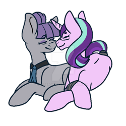 Size: 400x400 | Tagged: safe, artist:firefox238, artist:skysartstudio, imported from derpibooru, maud pie, starlight glimmer, earth pony, pony, unicorn, alternate hairstyle, bandage, base used, boop, cometverse, deviantart watermark, eyeshadow, female, glasses, lesbian, makeup, mare, necktie, noseboop, nuzzling, obtrusive watermark, shipping, simple background, starmaud, transparent background, watermark