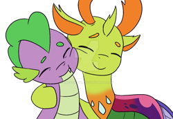 Size: 1077x742 | Tagged: safe, artist:101xsplattyx101, artist:firefox238, imported from derpibooru, spike, thorax, changedling, changeling, dragon, base used, cometverse, deviantart watermark, eyes closed, gay, gay spike, hug, king thorax, male, obtrusive watermark, raised hoof, shipping, simple background, thoraxspike, transparent background, watermark