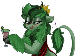 Size: 2944x2160 | Tagged: safe, artist:brainiac, imported from derpibooru, oc, oc only, oc:shotglass, oc:silent spring, breezie, kirin, fallout equestria, alcohol, blushing, breezie oc, clothes, dress, drunk, duo, fall guys crown, fallout equestria:all things unequal (pathfinder), female, hidden, mare, piercing, simple background, solo, solo focus, transparent background, wine