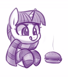 Size: 3641x4096 | Tagged: safe, artist:handgunboi, imported from derpibooru, twilight sparkle, pony, unicorn, burger, clothes, food, monochrome, scarf, simple background, socks, solo, striped socks, that pony sure does love burgers, twilight burgkle, white background