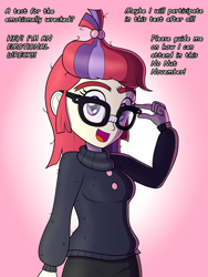 Size: 3000x4000 | Tagged: safe, artist:thealjavis, imported from derpibooru, moondancer, human, comic:no nut moondancer, equestria girls, clothes, cute, dancerbetes, dialogue, equestria girls-ified, eyebrows, eyelashes, female, glasses, hair bun, humanized, light skin, looking at you, looking forward, multicolored hair, no nut november, open mouth, purple hair, red hair, redhead, short hair, simple background, smiling, solo, standing, sweater, text