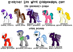 Size: 1872x1344 | Tagged: safe, artist:themanfromanothertime, imported from derpibooru, oc, oc only, oc:alexander castlerook, oc:artemis sparkshower, oc:georgia hoofstrong, oc:honour bound, oc:lily glamerspear, oc:marcos ebonshield, oc:purity ebonshield, oc:temper violetta, oc:valiant kilfeather, bat pony, earth pony, pegasus, unicorn, fanfic:everyday life with guardsmares, /mlp/, 4chan, bat pony oc, bat wings, earth pony oc, everyday life with guardsmares, horn, pegasus oc, pony oc, reference sheet, royal guard, simple background, transparent background, unicorn oc, wings