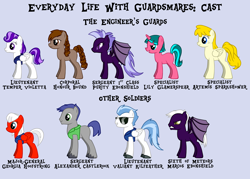 Size: 1872x1344 | Tagged: safe, artist:themanfromanothertime, imported from derpibooru, oc, oc only, oc:alexander castlerook, oc:artemis sparkshower, oc:georgia hoofstrong, oc:honour bound, oc:lily glamerspear, oc:marcos ebonshield, oc:purity ebonshield, oc:temper violetta, oc:valiant kilfeather, bat pony, earth pony, pegasus, unicorn, fanfic:everyday life with guardsmares, /mlp/, 4chan, bat pony oc, bat wings, earth pony oc, everyday life with guardsmares, horn, pegasus oc, reference sheet, royal guard, simple background, unicorn oc, wings