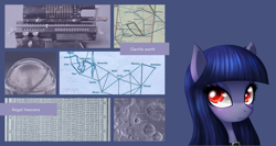 Size: 3000x1600 | Tagged: safe, artist:leffenkitty, editor:kopaleo, imported from derpibooru, oc, oc only, oc:cosmia nebula, pony, astronomy, logarithm, map, math, mechanical calculator, moodboard, moon, orrery, solo