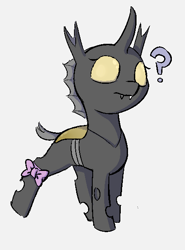 Size: 435x588 | Tagged: safe, artist:heretichesh, imported from derpibooru, oc, oc only, oc:konica, changeling, nymph, bow, female, filly, question mark, solo, yellow changeling