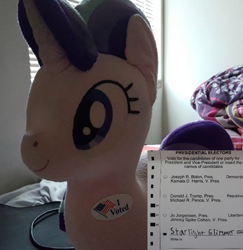 Size: 682x703 | Tagged: safe, imported from derpibooru, starlight glimmer, pony, unicorn, 2020 election, election, i voted sticker, photo, plushie, solo, sticker, united states, vote