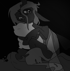 Size: 1856x1884 | Tagged: safe, artist:smirk, imported from derpibooru, queen chrysalis, changeling, changeling queen, black and white, blanket, bucktooth, crown, drool, female, grayscale, hug, jewelry, monochrome, pillow, pillow hug, regalia, sleepy, solo