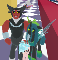 Size: 593x609 | Tagged: safe, imported from derpibooru, screencap, cozy glow, lord tirek, queen chrysalis, alicorn, centaur, changeling, 3d, alicornified, antagonist, armor, arms, beard, canterlot, chest plate, cozycorn, curly mane, evil, evil grin, eyebrows, facial hair, female, game, green eyes, grin, horn, horns, legion of doom, male, name tag, nose piercing, nose ring, piercing, race swap, roblox, roleplay is magic, septum piercing, smiling, ultimate chrysalis, wings, wristband