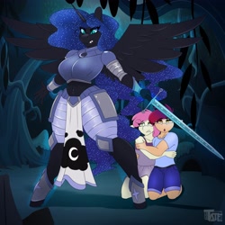 Size: 4096x4096 | Tagged: safe, artist:tatemil, imported from derpibooru, nightmare moon, oc, anthro, unguligrade anthro, armor, breasts, everfree forest, female, filly, halloween, holiday, mama bear, nicemare moon, nightmare night, protecting, sword, thick, weapon