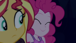 Size: 1920x1080 | Tagged: safe, imported from derpibooru, screencap, pinkie pie, sunset shimmer, equestria girls, equestria girls series, sunset's backstage pass!, spoiler:eqg series (season 2), ^^, clothes, cute, diapinkes, dress, eyes closed, female, forest, forest background, night, pajamas, sleeveless, sleeveless dress, smiling