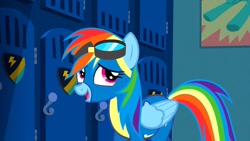 Size: 1280x720 | Tagged: safe, imported from derpibooru, screencap, rainbow dash, pegasus, pony, newbie dash, clothes, cute, dashabetes, female, folded wings, goggles, solo, uniform, wings, wonderbolts, wonderbolts uniform