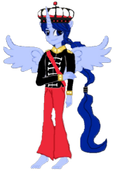 Size: 420x597 | Tagged: safe, artist:loomytyranny, imported from derpibooru, oc, oc:frenchie colonial, alicorn, hybrid, equestria girls, 1000 hours in ms paint, barefoot, crown, europe, feet, france, french, jewelry, male, monarch, monarchist, png, ponytail, regalia, wings