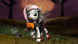 Size: 1920x1080 | Tagged: safe, artist:lincoln ks115, imported from derpibooru, oc, oc:lila kastelvam, cake pony, food pony, original species, pegasus, pony, 3d, clothes, collar, costume, female, flower, food, halloween, halloween costume, holiday, moon, night, pegasus oc, ponified, pumpkin bucket, sfm pony, skirt, smiling, smiling at you, solo, source filmmaker, spiked collar, wings