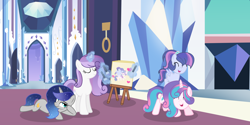 Size: 2502x1252 | Tagged: safe, artist:stellamoonshine, artist:stellamoonshineyt, imported from derpibooru, princess flurry heart, oc, oc:christia armor, oc:libby heart, oc:luminous moon, pegasus, pony, unicorn, easel, ethereal mane, female, filly, levitation, magic, offspring, older, older flurry heart, paintbrush, parent:princess cadance, parent:princess luna, parent:shining armor, parent:stygian, parents:shiningcadance, parents:styuna, siblings, sisters, starry mane, telekinesis