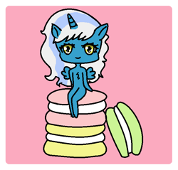 Size: 674x644 | Tagged: safe, artist:cezina2008, imported from derpibooru, oc, oc only, oc:fleurbelle, alicorn, anthro, alicorn oc, chest fluff, female, food, horn, macaron, macaroons, mare, pink background, simple background, solo, wings, yellow eyes