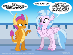 Size: 1200x900 | Tagged: safe, artist:tim-kangaroo, imported from derpibooru, silverstream, smolder, dragon, hippogriff, equestria daily, dialogue, duo, duo female, female, pointing, smiling, speech bubble