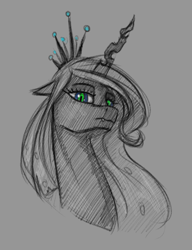 Size: 500x650 | Tagged: safe, artist:stray prey, imported from derpibooru, queen chrysalis, changeling, changeling queen, bust, crown, female, gray background, jewelry, monochrome, neo noir, partial color, regalia, simple background, sketch, solo