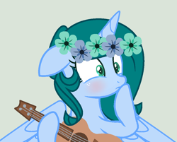 Size: 894x720 | Tagged: safe, artist:lominicinfinity, imported from derpibooru, oc, oc only, oc:infinity mi rosalinda, alicorn, pony, base used, female, floral head wreath, flower, guitar, mare, musical instrument, simple background, solo