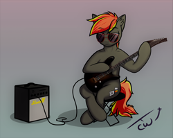 Size: 2982x2368 | Tagged: safe, artist:colourwave, imported from derpibooru, oc, oc only, oc:deafjaeger, earth pony, pony, semi-anthro, cyber eyes, earth pony oc, gift art, glasses, guitar, happy birthday!, male, musical instrument, sitting, solo