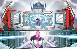 Size: 1988x1275 | Tagged: safe, artist:tonyfleecs, idw, imported from derpibooru, twilight sparkle, alicorn, pony, robot, spoiler:comic, spoiler:friendship in disguise, spoiler:friendship in disguise04, autobot, crossover, female, male, matrix of leadership, optimus prime, the touch, transformers, twilight sparkle (alicorn), white eyes