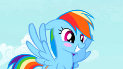 Size: 1920x1080 | Tagged: safe, imported from derpibooru, screencap, rainbow dash, pegasus, the mysterious mare do well, blush sticker, blushing, cute, daaaaaaaaaaaw, dashabetes, floppy ears, flying, grin, hnnng, smiling, wings