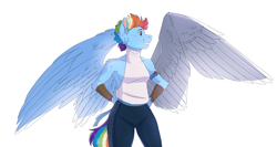 Size: 5883x3134 | Tagged: safe, artist:shimazun, imported from derpibooru, rainbow dash, anthro, pony, fanfic:my little pony: the unexpected future, the cutie re-mark, alternate timeline, amputee, apocalypse dash, armor, artificial wings, augmented, badass, cheek fluff, clothes, commission, crystal war timeline, female, frown, glare, prosthetic limb, prosthetic wing, prosthetics, simple background, solo, white background, wings