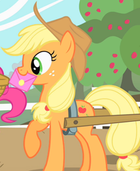 Size: 884x1080 | Tagged: safe, imported from derpibooru, screencap, applejack, pinkie pie, earth pony, pony, party of one, apple, apple tree, cart, cropped, cute, envelope, female, food, jackabetes, mare, tree