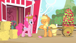 Size: 1920x1080 | Tagged: safe, imported from derpibooru, screencap, applejack, pinkie pie, earth pony, pony, party of one, apple, cart, female, food, hay bale, mare