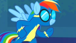 Size: 1280x720 | Tagged: safe, imported from derpibooru, screencap, rainbow dash, pegasus, pony, newbie dash, bipedal, clothes, female, goggles, solo, spread wings, uniform, wings, wonderbolts, wonderbolts uniform