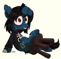 Size: 1958x1910 | Tagged: safe, artist:kotya, imported from derpibooru, earth pony, pony, undead, zombie, zombie pony, bags under eyes, blood, bone, bring me the horizon, clothes, commission, fangs, full body, hoof on head, lip piercing, long sleeves, lying down, male, oliver sykes, on back, piercing, ponified, rainbow blood, scar, shirt, simple background, solo, stallion, stitches, stool, tattoo, torn ear, underhoof, white background