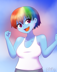 Size: 800x1000 | Tagged: safe, artist:empyu, imported from derpibooru, rainbow dash, equestria girls, alternate hairstyle, breasts, busty rainbow dash, cute, cute little fangs, fangs, haircut, open mouth, short hair, solo, uzaki hana, uzaki-chan wants to hang out!