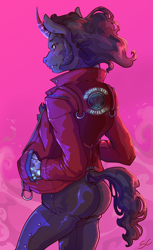 Size: 3189x5197 | Tagged: safe, artist:sourcherry, imported from derpibooru, king sombra, anthro, unicorn, amputee, ass, butt, clothes, colored horn, curved horn, cyberpunk, dock, horn, jacket, leather, leather jacket, leather pants, looking at you, mole, moles, pants, prosthetic limb, prosthetics, solo, sombra horn