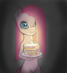 Size: 1100x1200 | Tagged: safe, artist:ashesdarkpony, imported from derpibooru, pinkie pie, earth pony, pony, adoracreepy, bipedal, birthday, birthday cake, cake, creepy, cute, cyrillic, female, food, hair over one eye, pinkamena diane pie, russian, solo