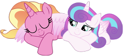 Size: 11969x5479 | Tagged: safe, artist:ejlightning007arts, imported from derpibooru, luster dawn, princess flurry heart, alicorn, unicorn, the last problem, covering, cute, eyes closed, female, flurrybetes, flurrydawn, lesbian, lusterbetes, lying down, older, older flurry heart, shipping, simple background, sleeping, smiling, transparent background, vector, wing blanket, wing covering