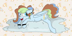 Size: 1598x798 | Tagged: safe, artist:yashathebasher, imported from derpibooru, oc, oc only, pegasus, pony, cloud, female, freckles, lying down, prone, solo