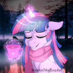 Size: 1024x1024 | Tagged: safe, artist:yashathebasher, imported from derpibooru, twilight sparkle, deer, pony, cheek fluff, clothes, cup, female, food, glowing horn, horn, magic, scarf, solo, tea, teacup, telekinesis