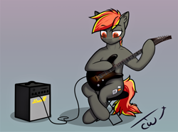 Size: 2988x2226 | Tagged: safe, alternate version, artist:colourwave, imported from derpibooru, oc, oc only, oc:deafjaeger, earth pony, pony, semi-anthro, cyber eyes, earth pony oc, gift art, guitar, happy birthday!, male, musical instrument, sitting, solo