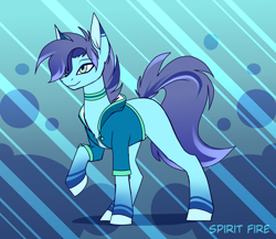 Size: 2300x2000 | Tagged: safe, artist:celes-969, artist:spirit-fire360, imported from derpibooru, oc, oc only, oc:lin, earth pony, pony, abstract background, clothes, hoodie, male, raised hoof, smiling, solo, stallion