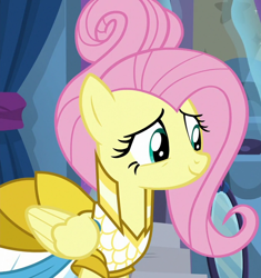 Size: 1284x1367 | Tagged: safe, imported from derpibooru, screencap, fluttershy, pony, fake it 'til you make it, clothes, cropped, cute, dress, female, mare, shyabetes, solo, warrior of inner strength, warriorshy