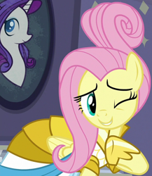 Size: 1202x1385 | Tagged: safe, imported from derpibooru, screencap, fluttershy, pony, fake it 'til you make it, clothes, cropped, dress, female, mare, one eye closed, rarity for you, solo, warrior of inner strength, warriorshy, wink