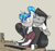 Size: 950x900 | Tagged: safe, artist:sinrar, imported from derpibooru, dj pon-3, octavia melody, vinyl scratch, anthro, alternate hairstyle, blushing, chair, cheek kiss, desk, earbuds, female, keyboard, kiss on the cheek, kissing, lesbian, missing accessory, mug, ponytail, scratchtavia, shipping, shrunken pupils, sitting