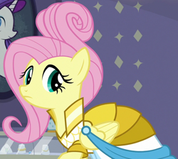 Size: 1548x1387 | Tagged: safe, imported from derpibooru, screencap, fluttershy, pony, fake it 'til you make it, clothes, cropped, dress, female, mare, rarity for you, solo, warrior of inner strength, warriorshy