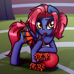 Size: 1819x1819 | Tagged: safe, artist:jetwave, imported from derpibooru, oc, oc only, oc:heat sink, pegasus, pony, ball, buckball field, candy, cheerleader, cheerleader outfit, clothes, commission, eyeshadow, female, food, leaning, lollipop, makeup, mare, midriff, pegasus oc, pom pom, skirt, solo, sports bra, tanktop, wings